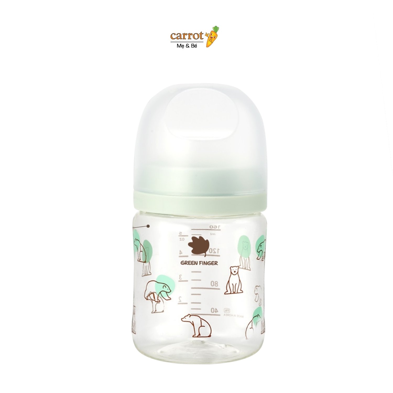 Bình sữa Green Finger Bebe Grow nhựa PA 160m họa tiết gấu - Kèm núm size S