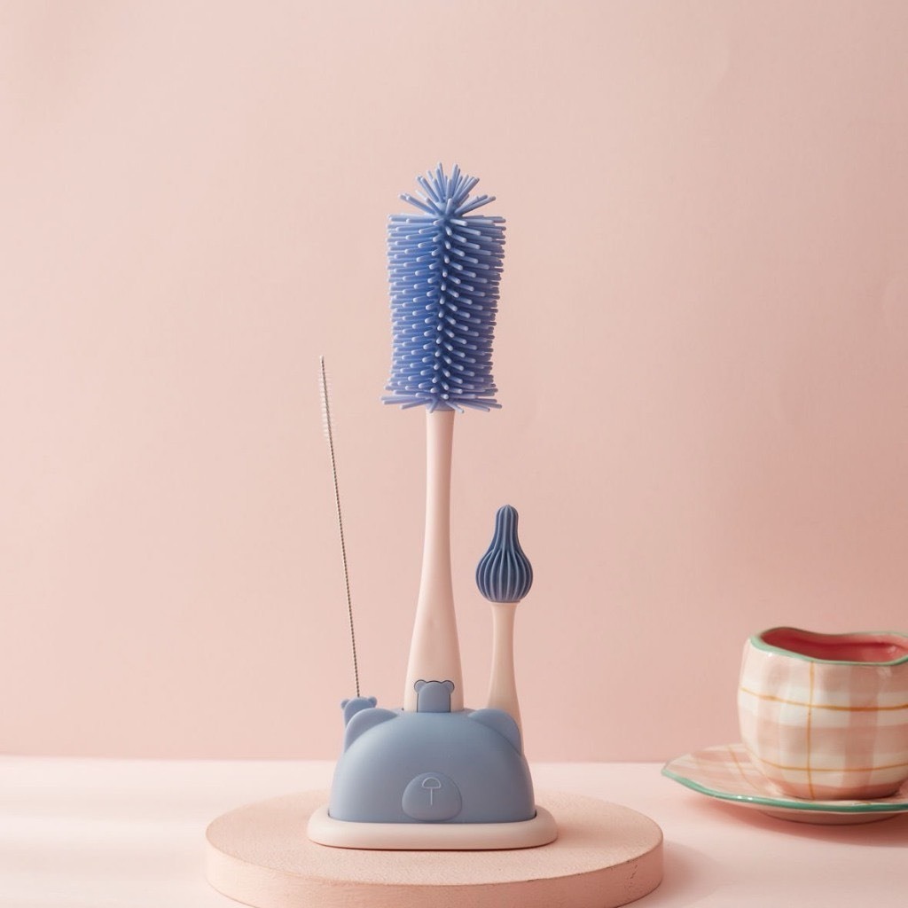 Cọ Bình Sữa Silicon Moonship Kèm Đế Hình Gấu 4 Chi Tiết