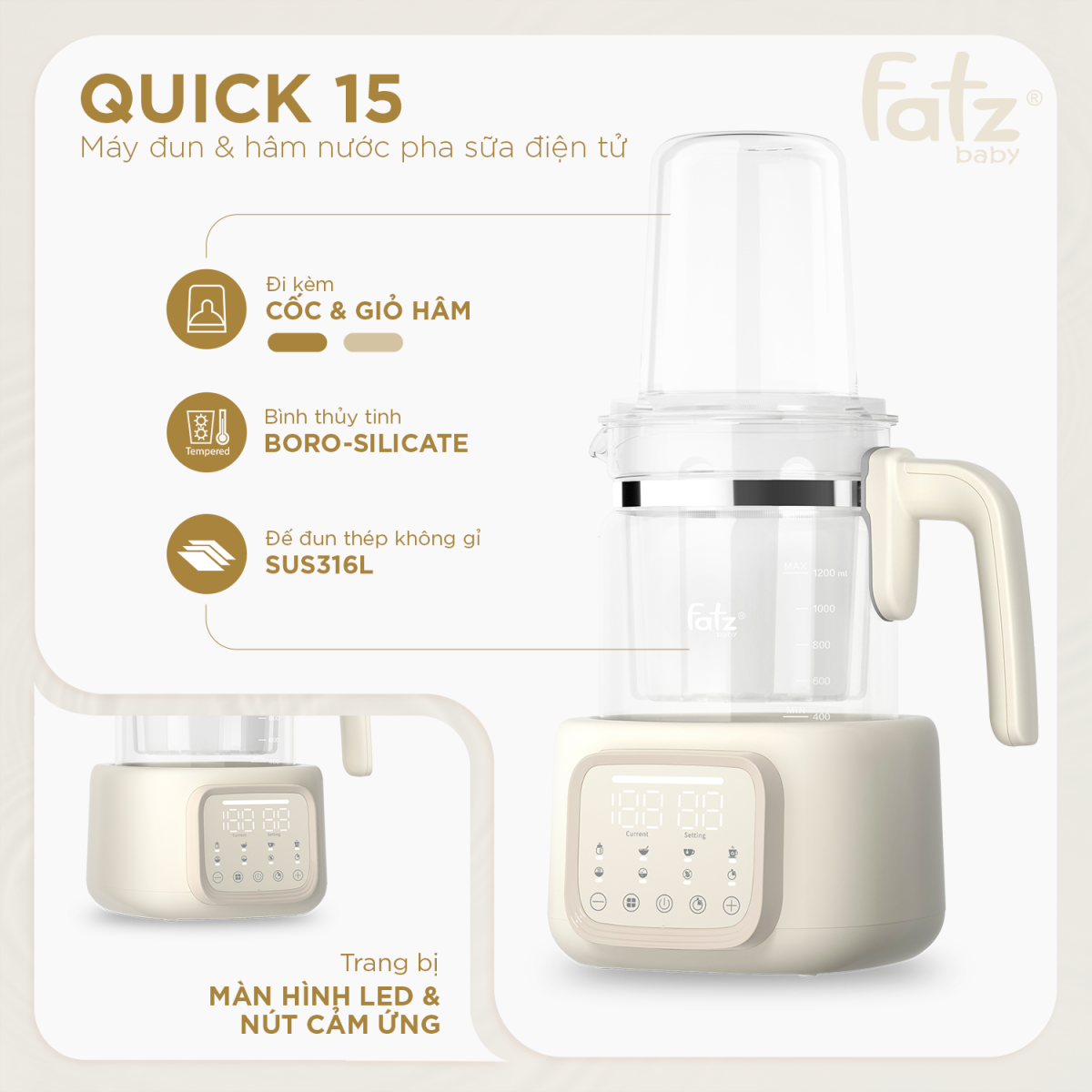 Cong dụng máy Đun Và Hâm Nước Pha Sữa Điện Tử Fatzbaby Quick 15