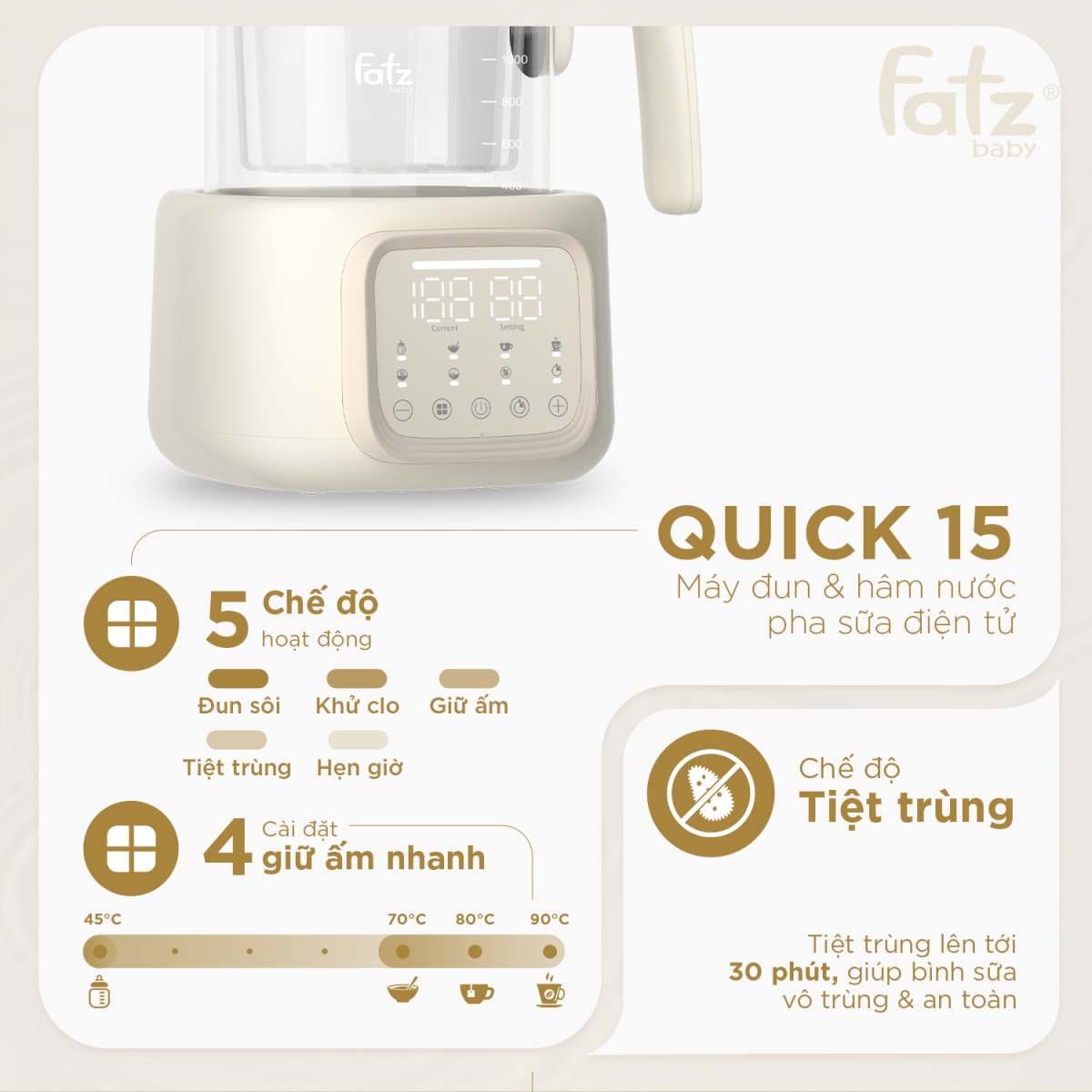 Chức năng máy Đun Và Hâm Nước Pha Sữa Điện Tử Fatzbaby Quick 15