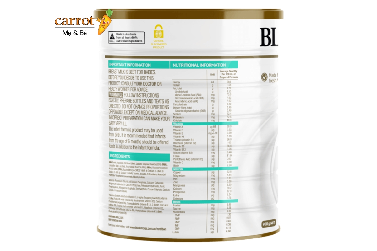 Thành phần sữa Blackmores số 1 cho trẻ từ 0 đến 6 tháng