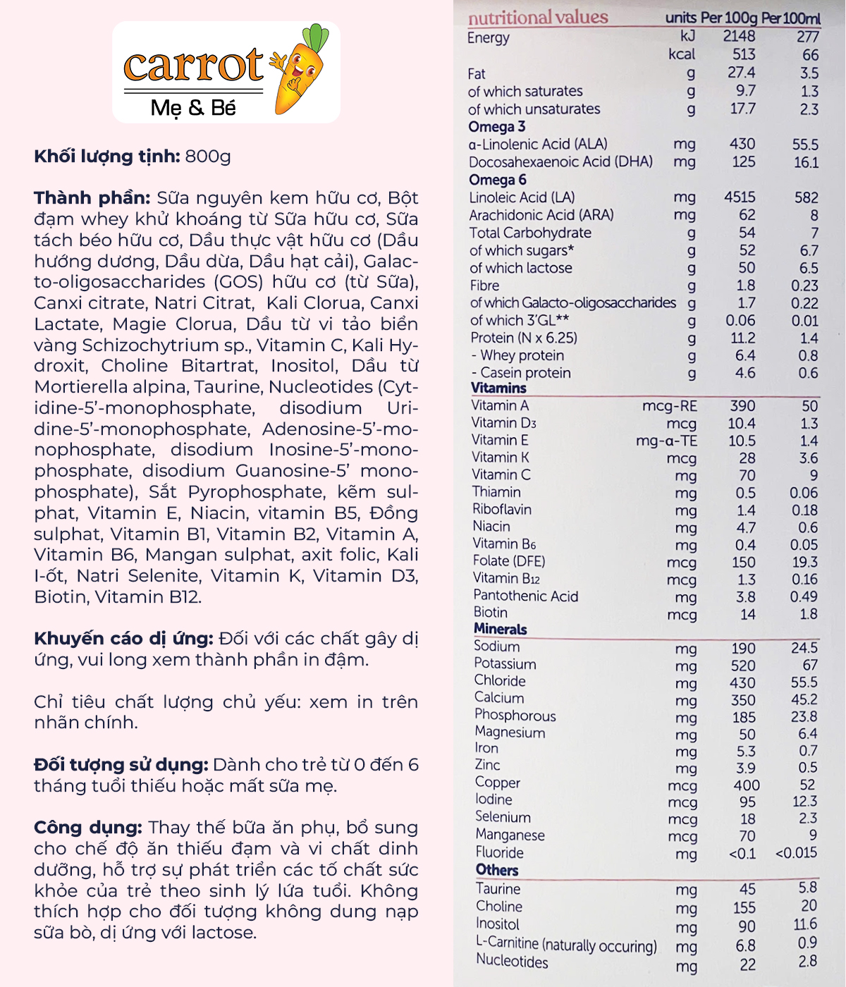 thanh phan dinh duong sua kendamil organic so 1 800g