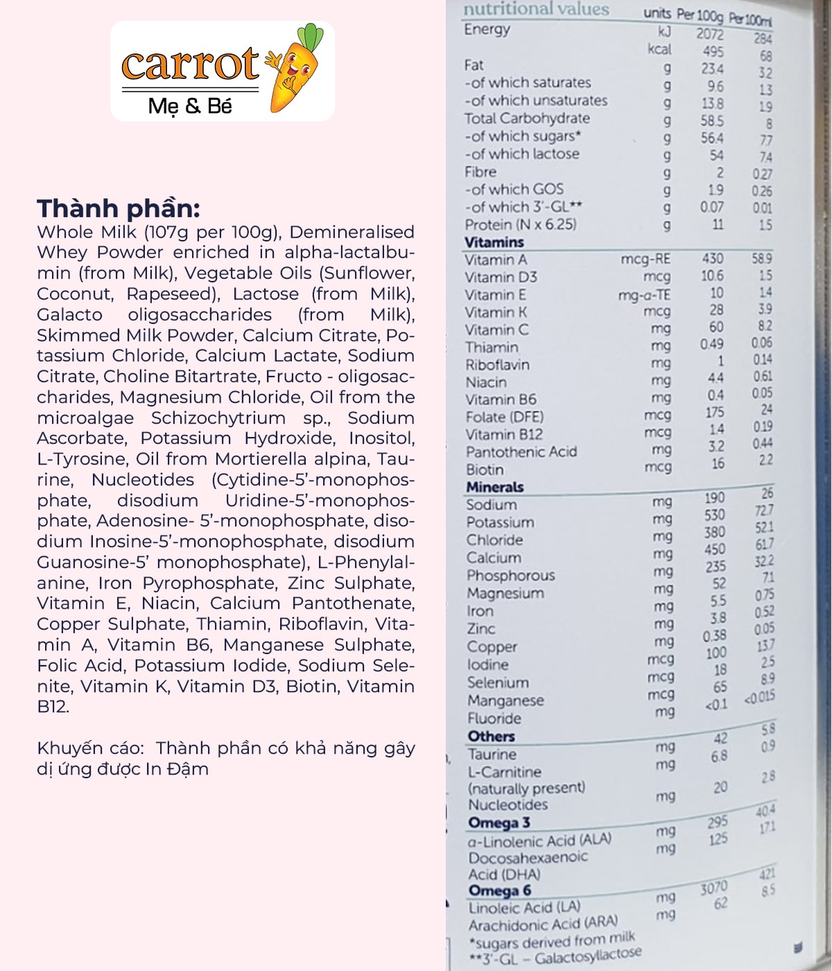 thanh phan dinh duong sua kendamil organic so 2 800g