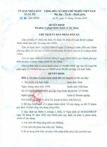 QUYẾT ĐỊNH: Xử phạt vi phạm hành chính về xây dựng đối với Ông Lê Anh Tuấn của UBND xã IA Tô
