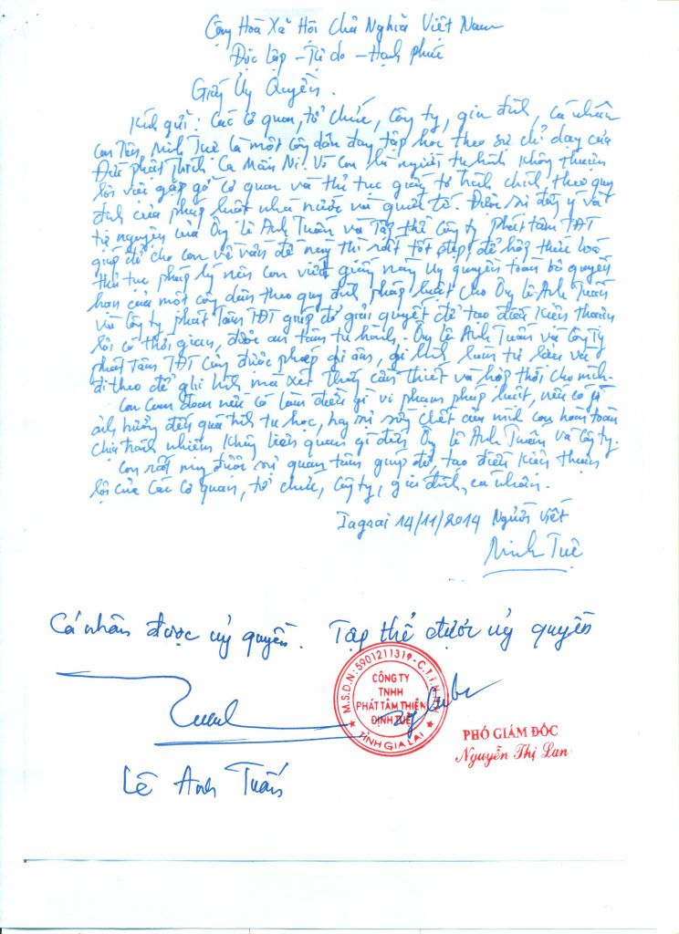 GIẤY ỦY QUYỀN SƯ MINH TUỆ