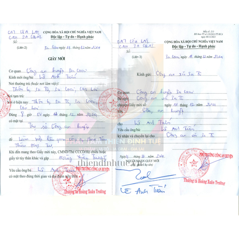 CÔNG AN HUYỆN IA GRAI MỜI ÔNG TUẤN VÀ BÀ LAN LÊN LÀM VIỆC VV: liên quan đến C.ty Phát tâm Thiên Định Tuệ