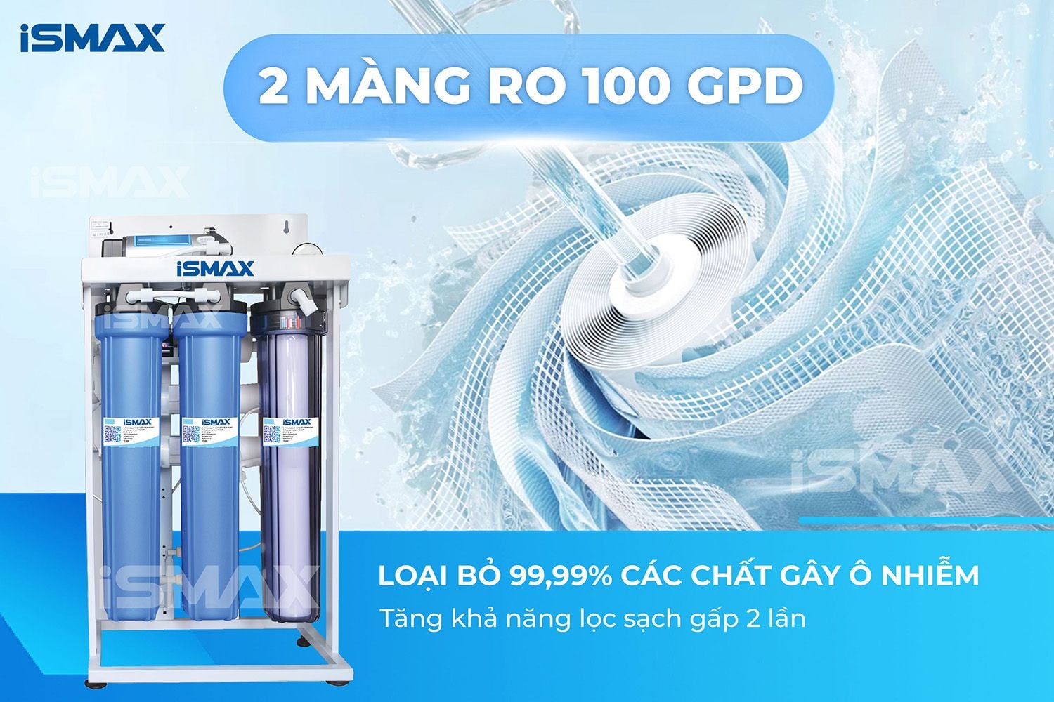 Máy lọc nước RO bán công nghiệp trang bị 2 màng RO GPD loại bỏ 99,99% vi khuẩn