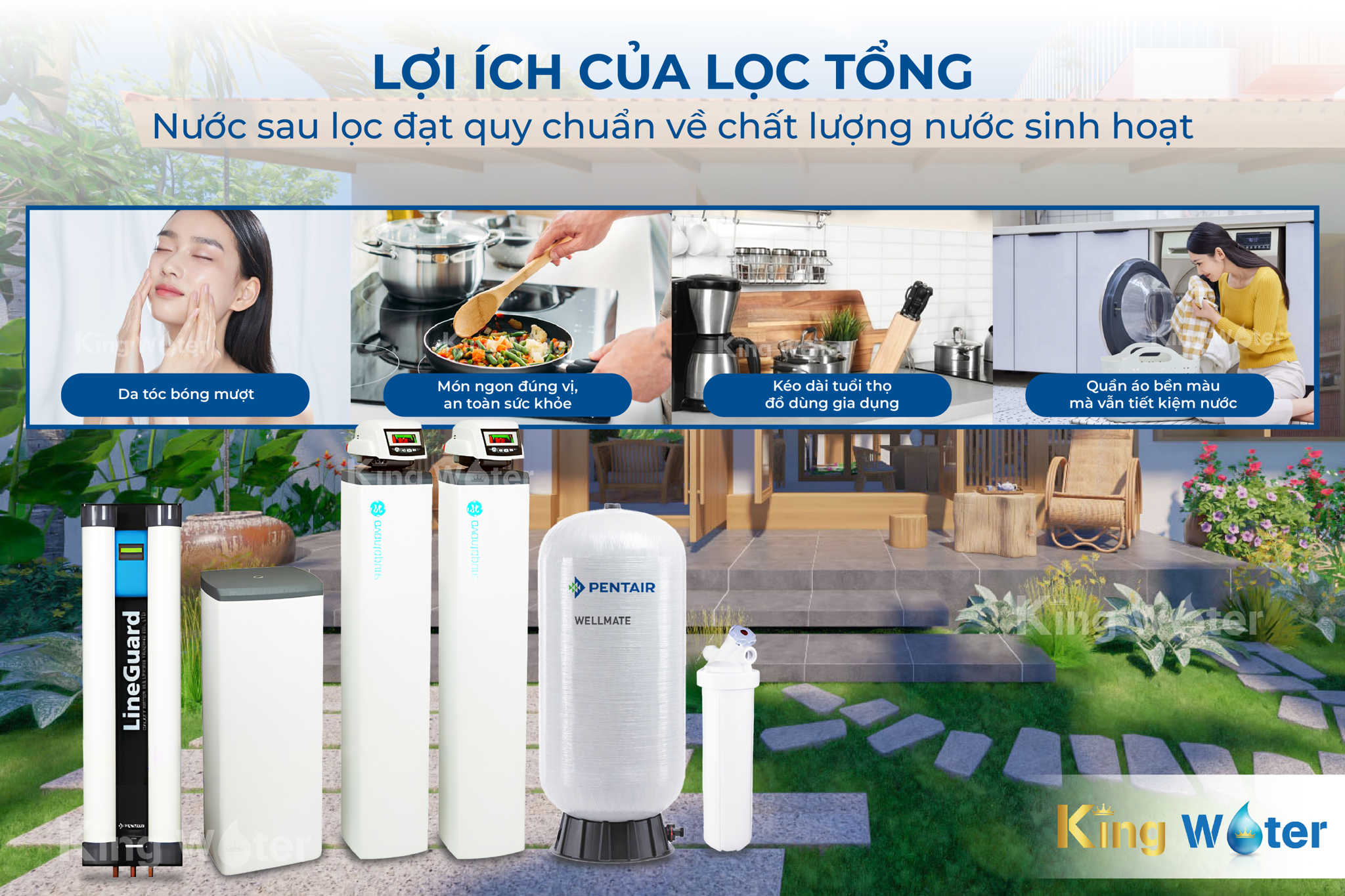 Nước sau khi lọc&nbsp; từ hệ thống lọc tổng Pentair đạt chất lượng nước sạch, an toàn cho các mục đích sinh hoạt hàng ngày