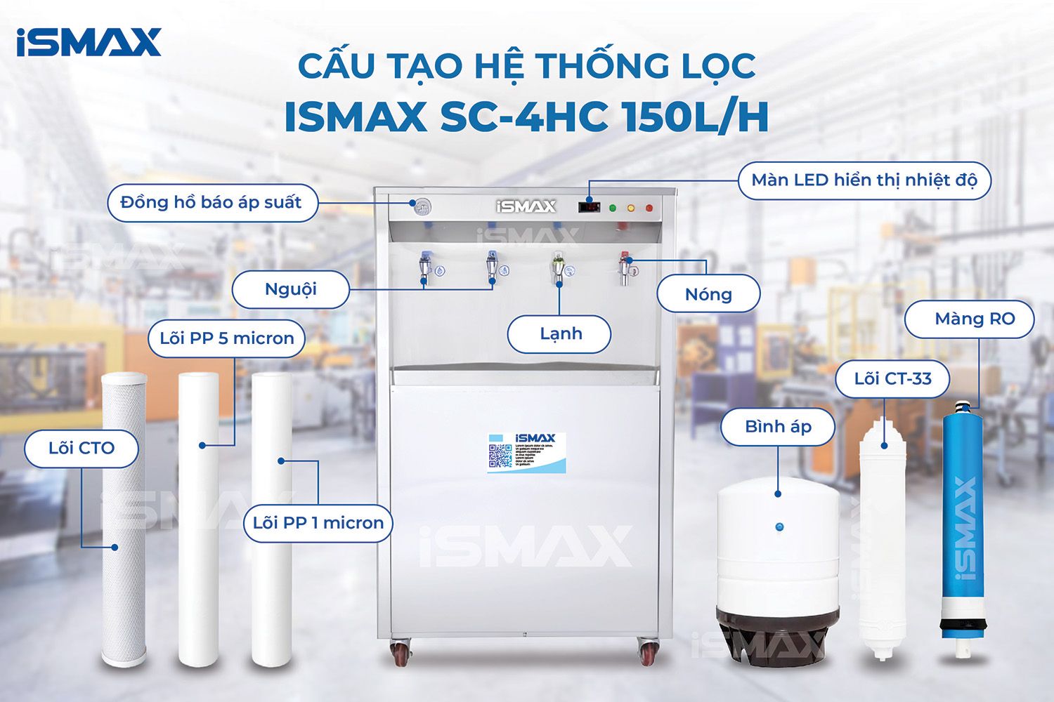 Cấu tạo chi tiết máy lọc RO Nóng - Lạnh bán công nghiệp iSMAX SC-4HC 150L/H
