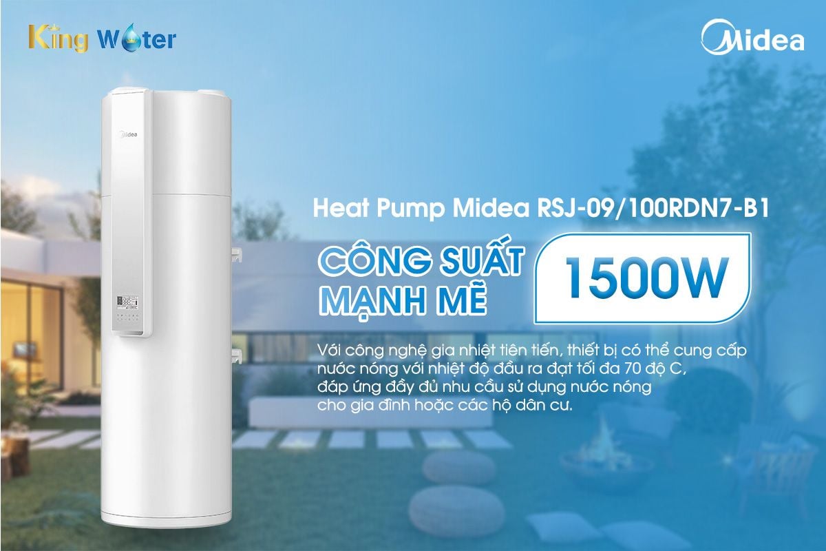 Với công suất ấn tượng 1500W, máy nước nóng bơm nhiệt Midea RSJ-09/100RDN7-B1 gia nhiệt nước nhanh chóng