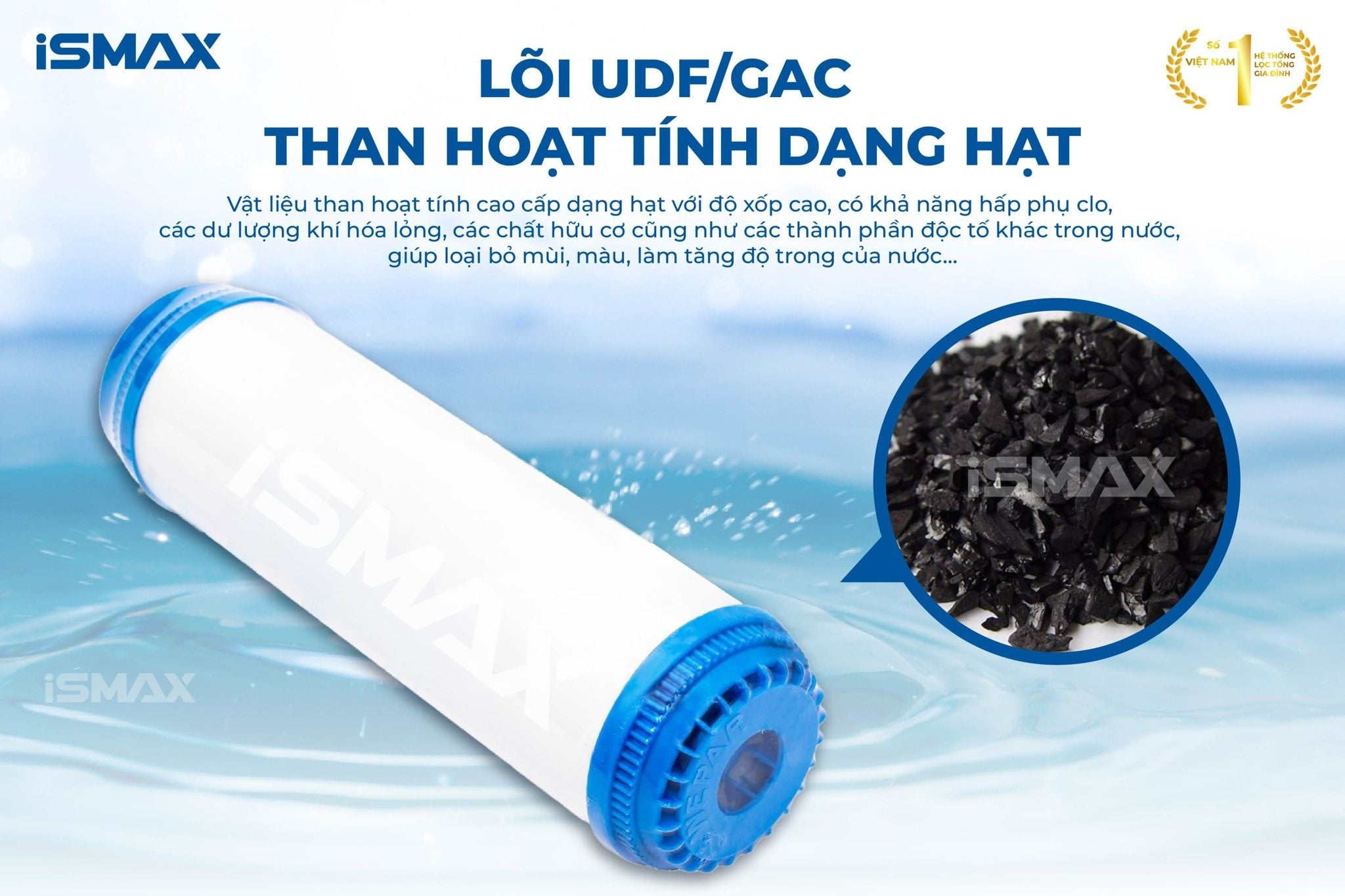 Lõi lọc UDF/GAC của iSmax RO-HC30 chứa những hạt than hoạt tính cao cấp với độ xốp cao