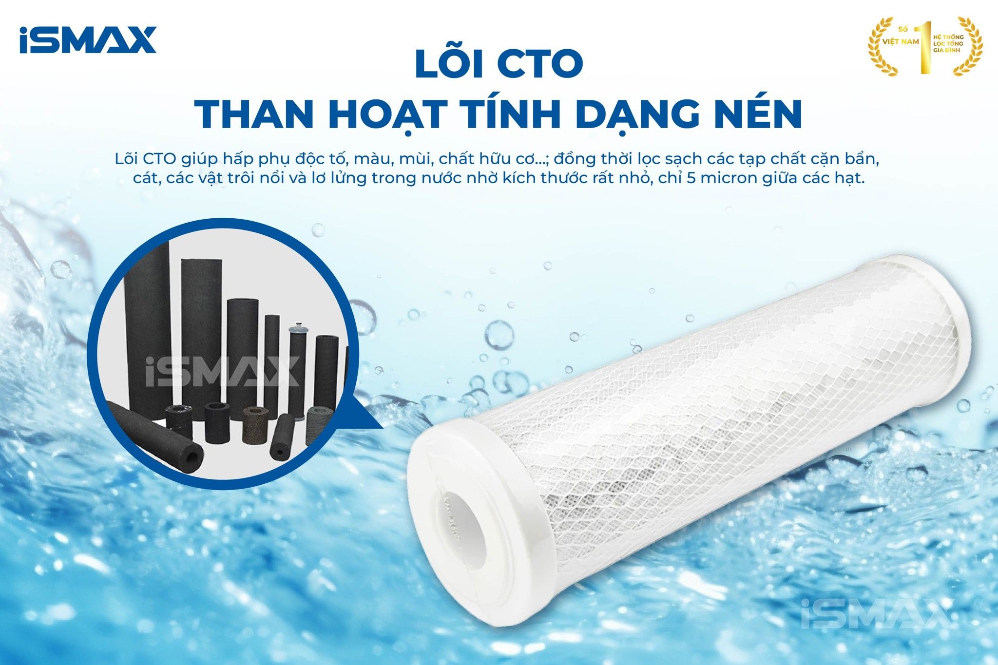 Với kích thước khe lọc siêu nhỏ, lõi CTO loại bỏ hóa chất và cặn bẩn, tạp chất