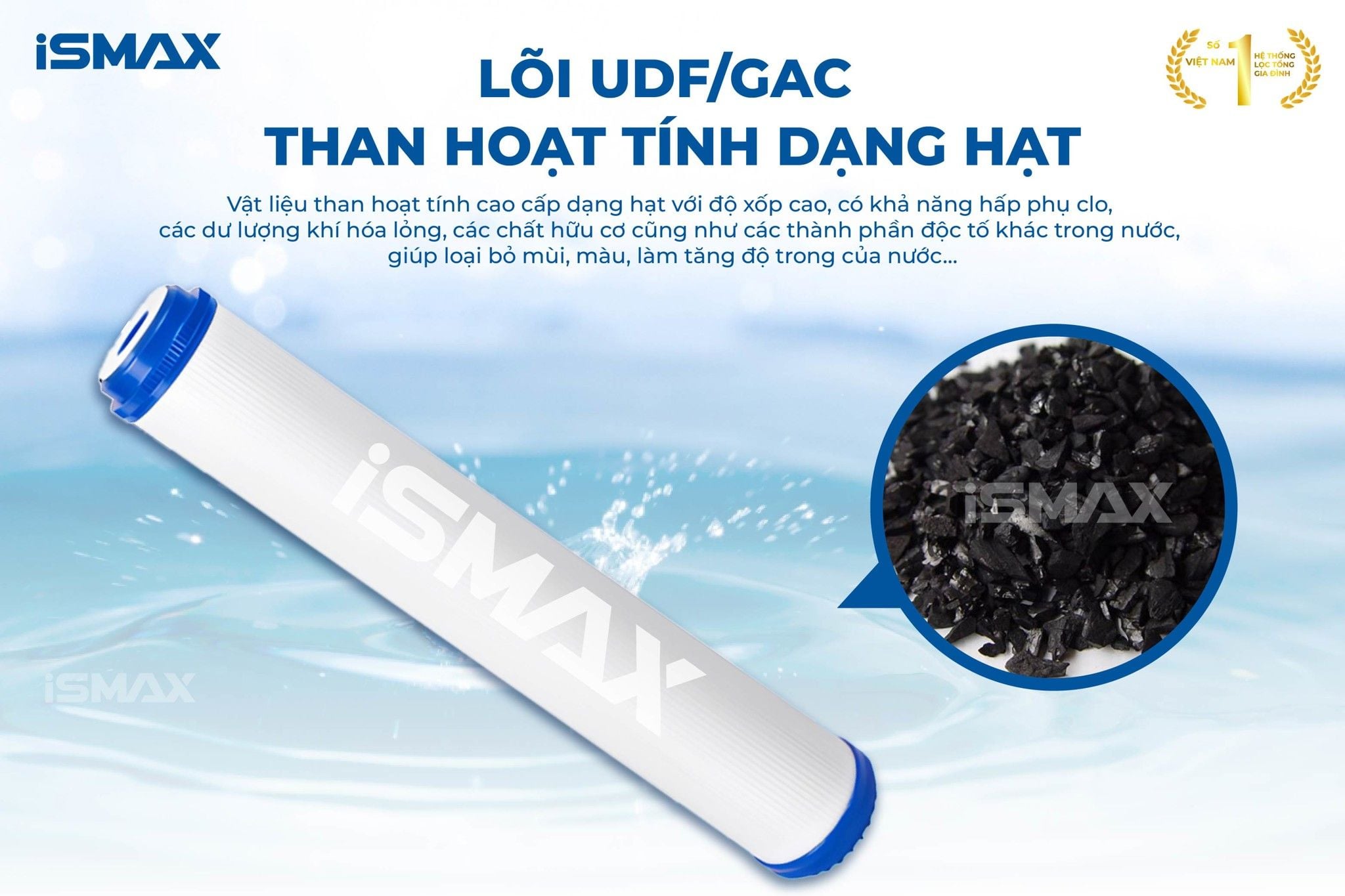 Lõi lọc UDF/GAC hấp phụ mạnh mẽ nhiều loại hóa chất như dư lượng clo, chất hữu cơ, mùi và màu trong nước