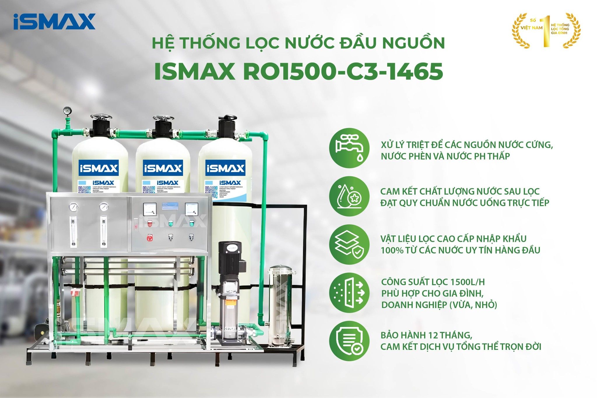 Hệ thống lọc nước công nghiệp iSmax RO1500-C3-1465 là giải pháp lý tưởng cho nguồn nước tinh khiết