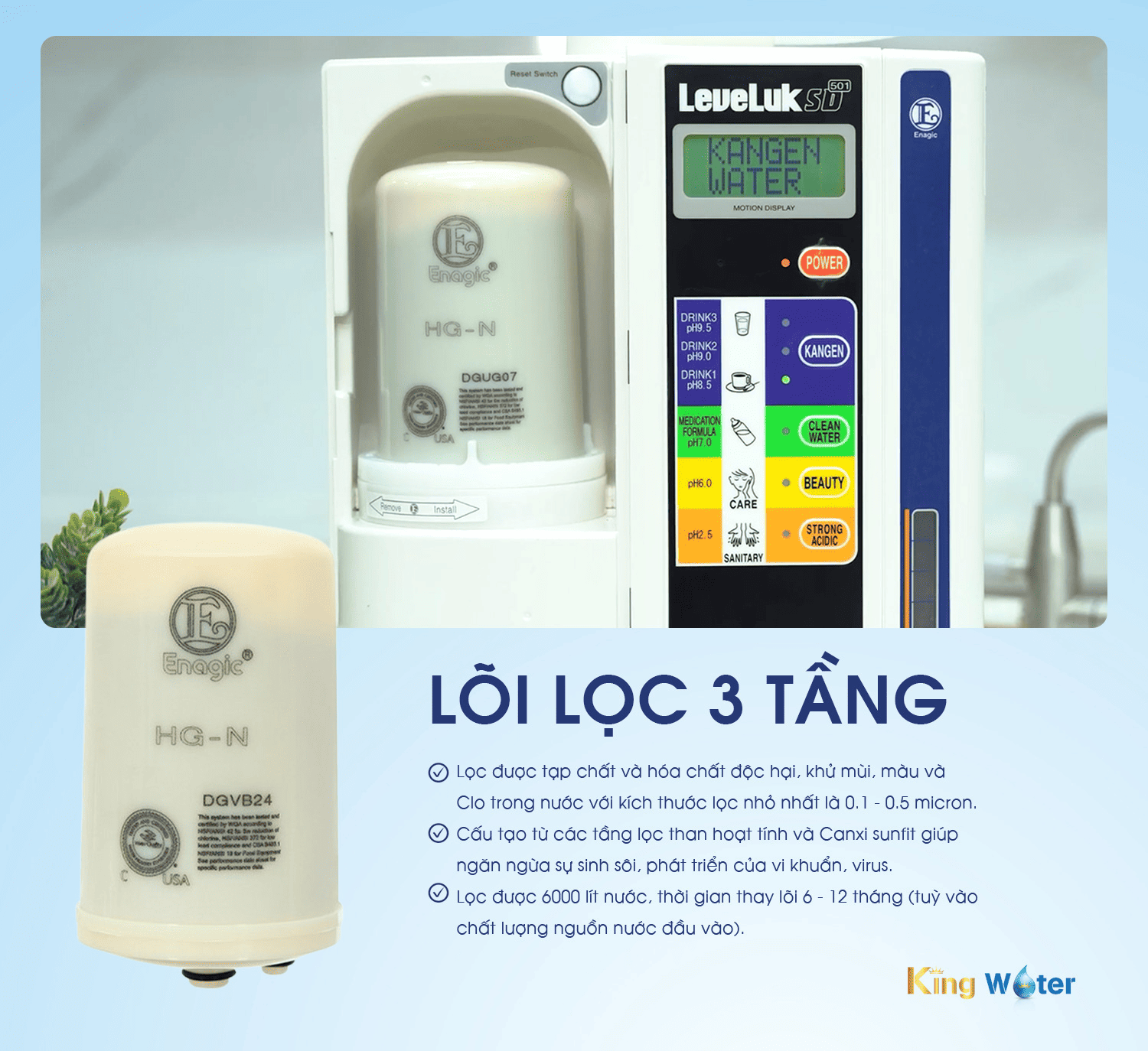 Máy lọc nước Kangen Leveluk SD501 với hệ thống lọc 3 tầng diệt sạch mọi vi khuẩn