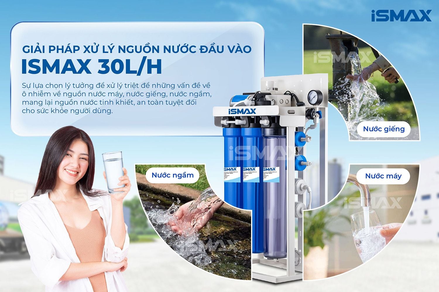 Máy lọc nước bán công nghiệp iSmax 30 l/h xử lý nguồn nước đầu vào ô nhiễm