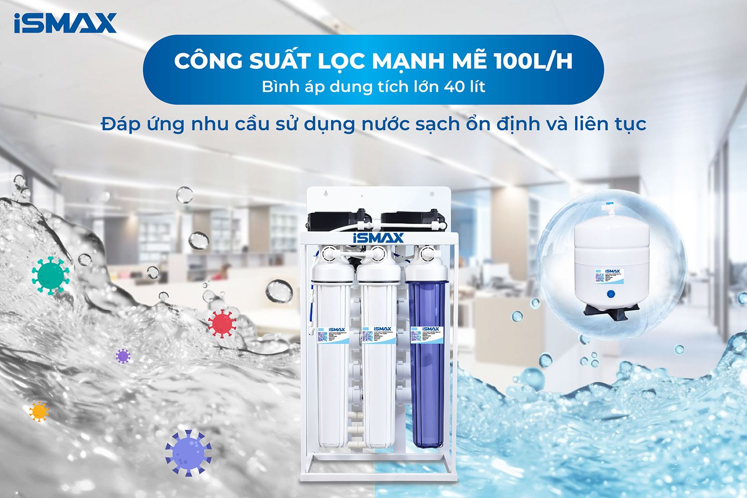 Máy lọc nước bán công nghiệp 100l/h sở hữu công suất mạnh mẽ, bình áp lớn