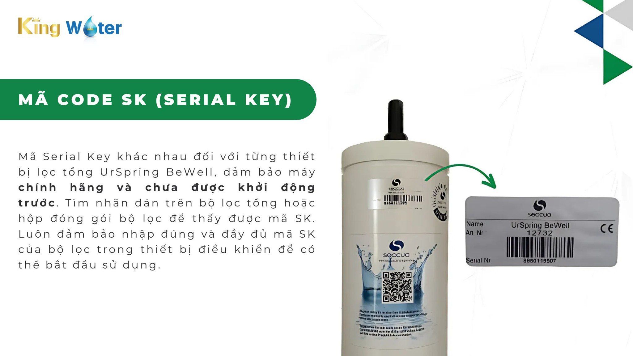 Mỗi hệ thống lọc tổng UrSpring BeWell S2 đều được trang bị mã code SK độc quyền