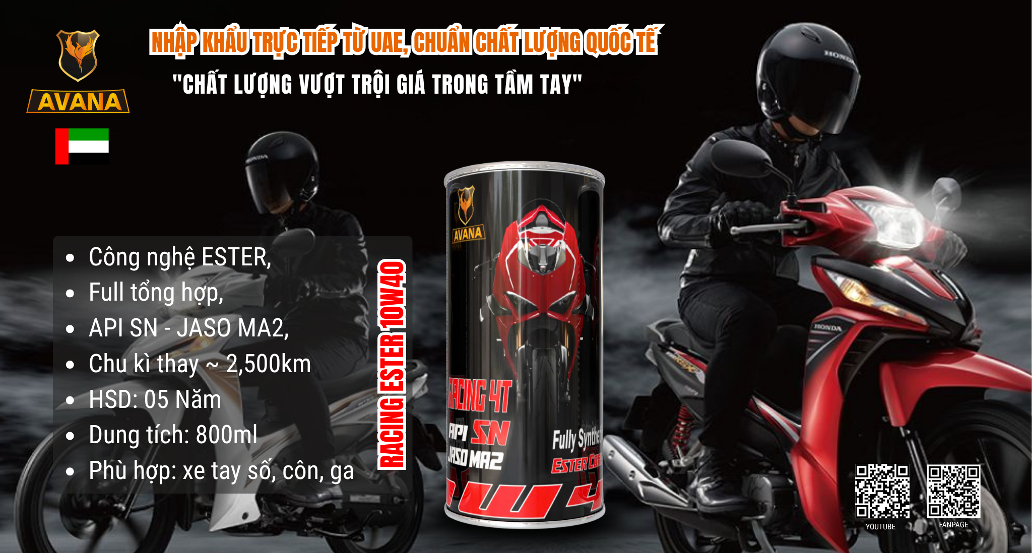 AVANA RACING ESTER 10W40 (800ml): Mang Công Nghệ Đường Đua Cho Xe Số & Côn Tay Phổ Thông