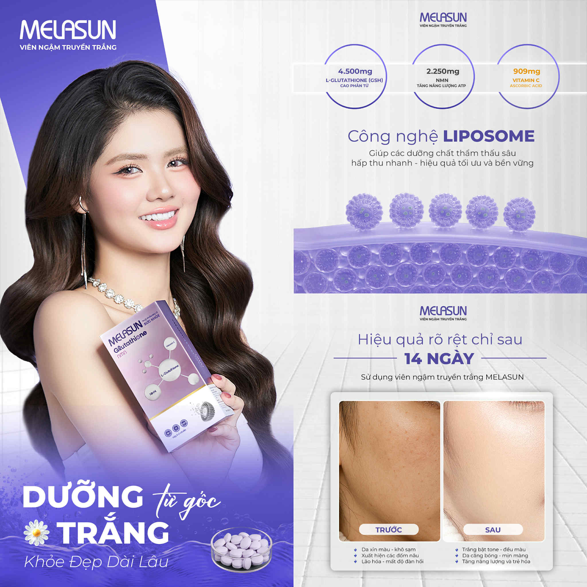 Viên ngậm trắng da Melasun chính hãng – Bí quyết trắng hồng rạng rỡ không cần kem dưỡng