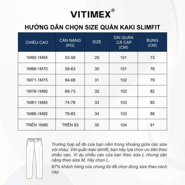 Hướng dẫn chọn size quần khaki slimfit VITIMEX phù hợp nhất