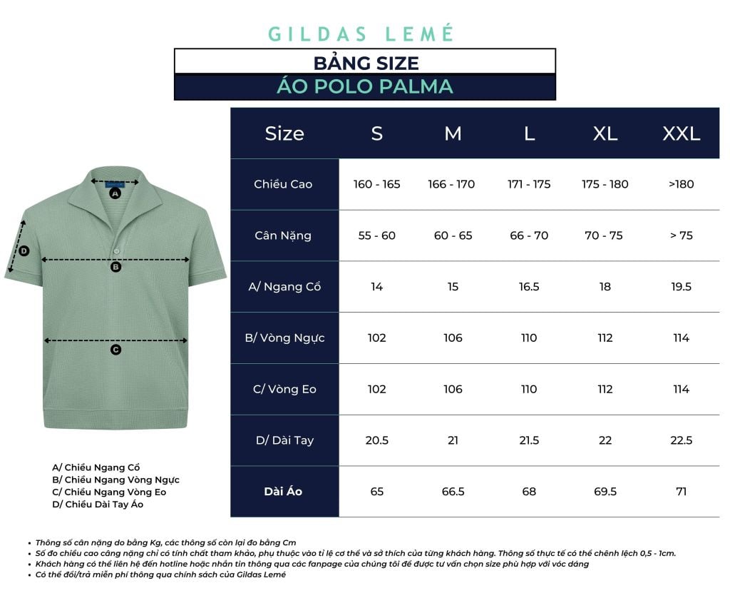 bảng size áo polo mùa hè