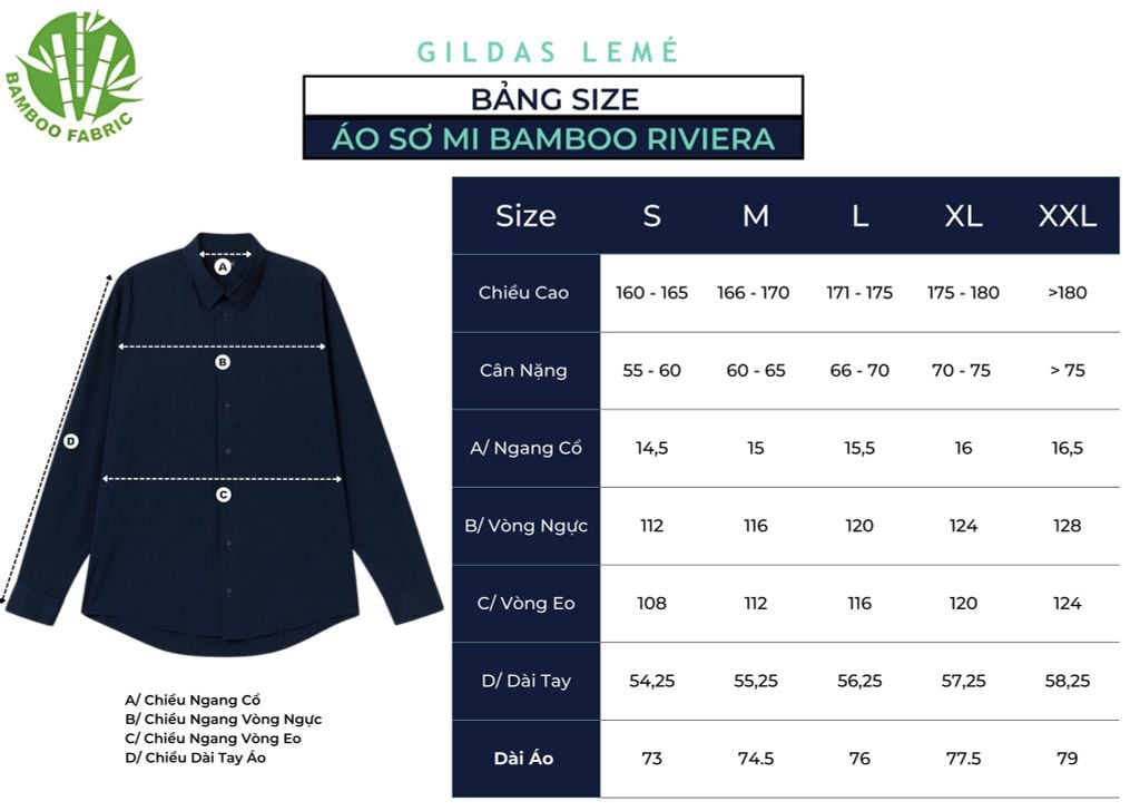 bảng size áo sơ mi