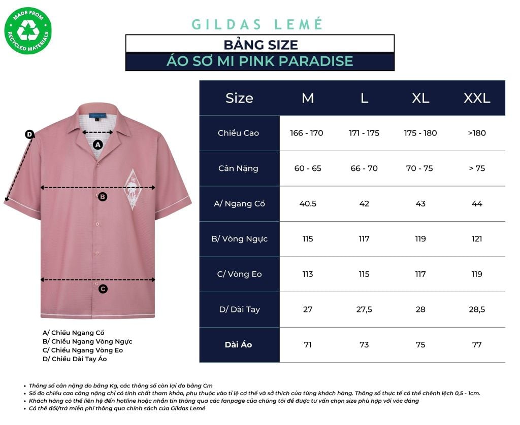 bảng size áo sơ mi pink