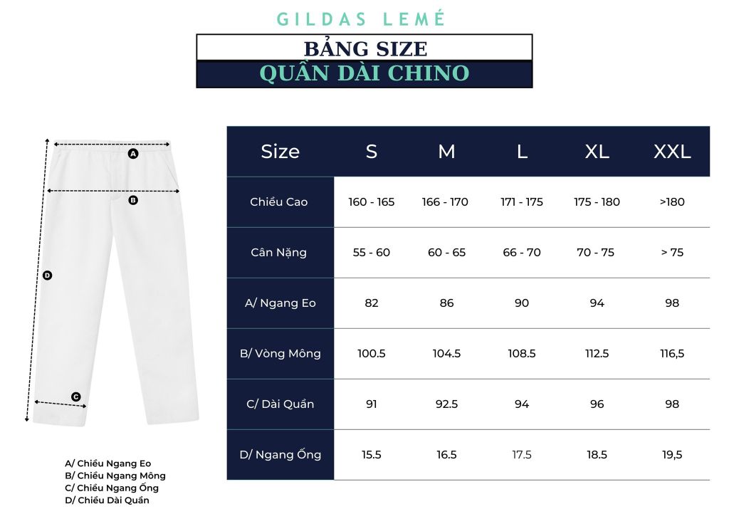 bảng size quần dài