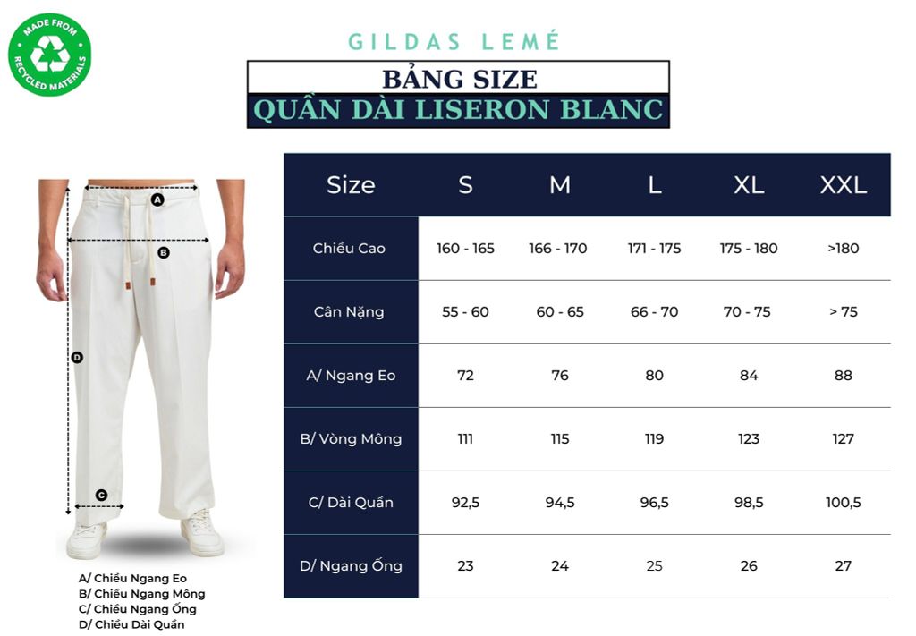 bảng size quần dài