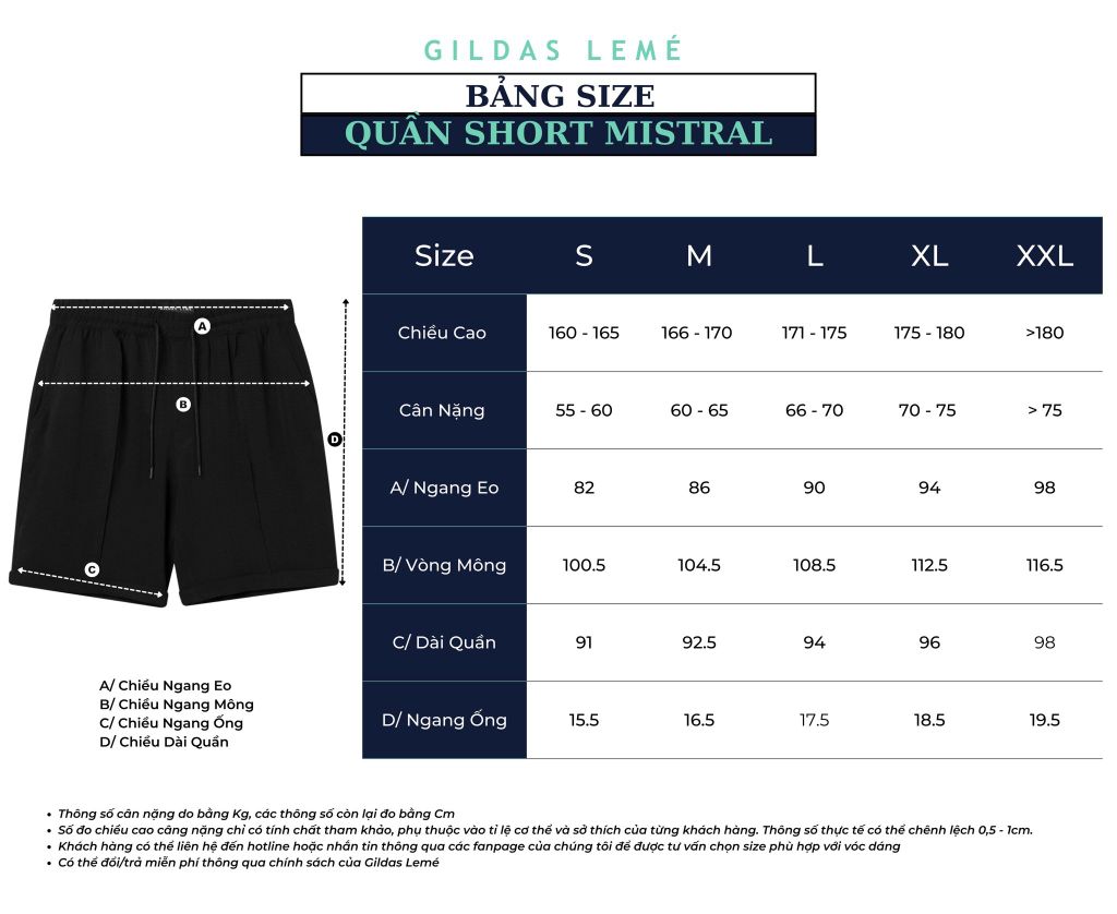 bảng size quần short