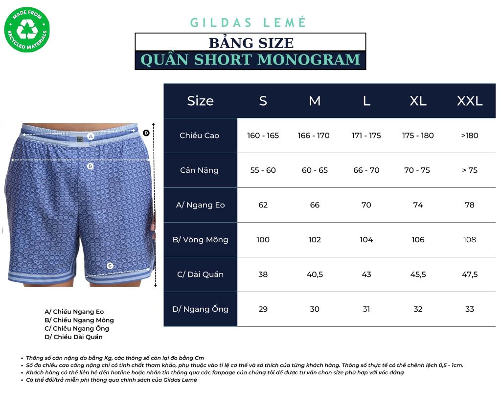 bảng size quần short