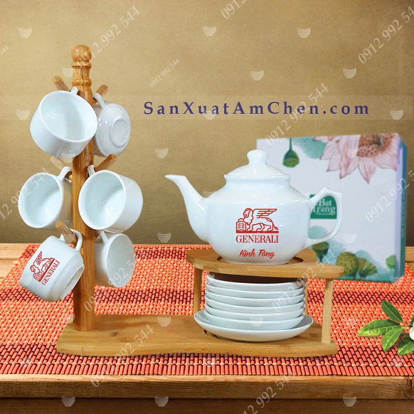 Ấm chén sứ trắng in logo quà tặng khách hàng mobifone