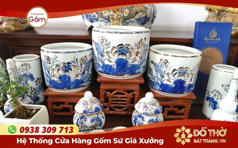 Mẫu bát hương hoa sen, bát nhang gốm sứ vẽ vàng sang trọng