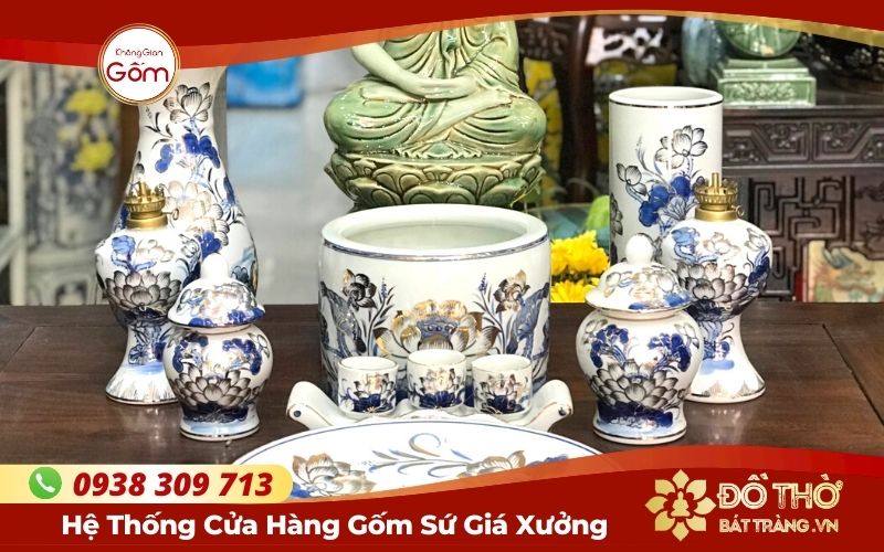 Mẫu bộ bát hương Bát Tràng vẽ vàng 24K nổi bật không gian thờ