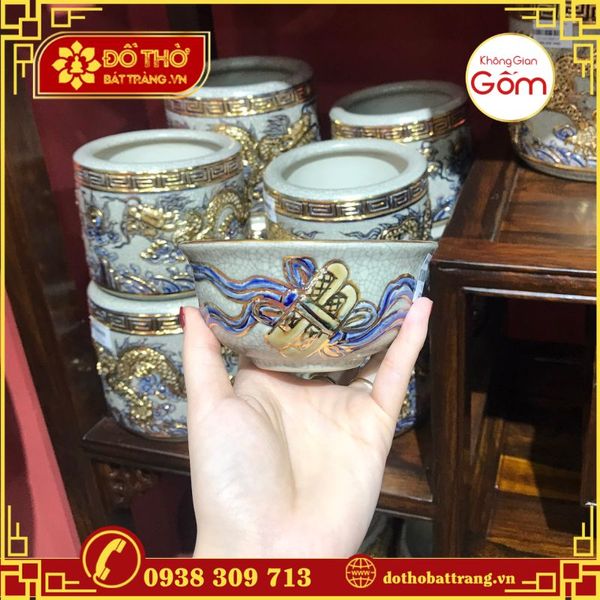 Bộ đồ thờ gốm sứ Bát Tràng men rạn vẽ vàng