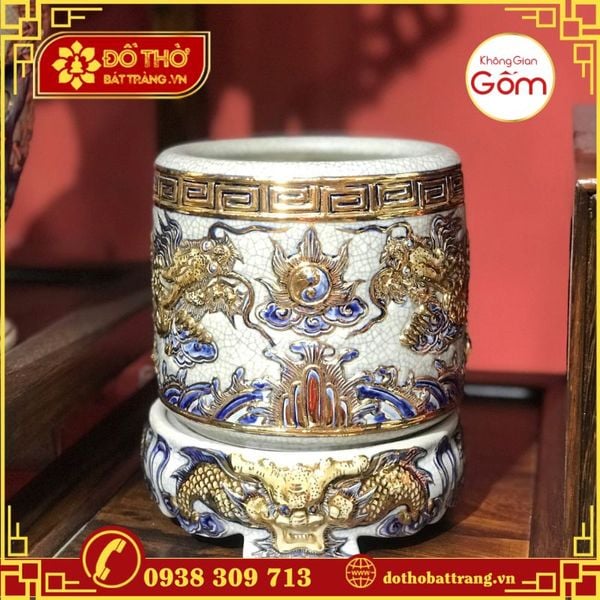 Bộ đồ thờ gốm sứ Bát Tràng men rạn vẽ vàng
