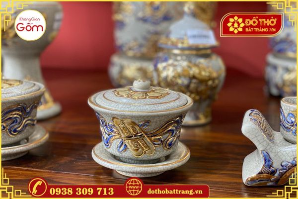 Bộ đồ thờ gốm sứ Bát Tràng men rạn vẽ vàng