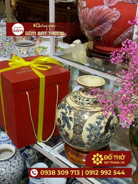 Bình gốm men Chu Đậu vẽ vàng – Quà tặng cao cấp dịp Tết