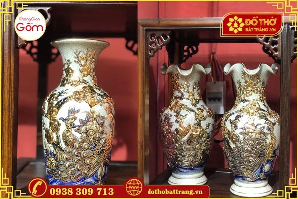 Bộ đồ thờ gốm sứ Bát Tràng men rạn vẽ vàng