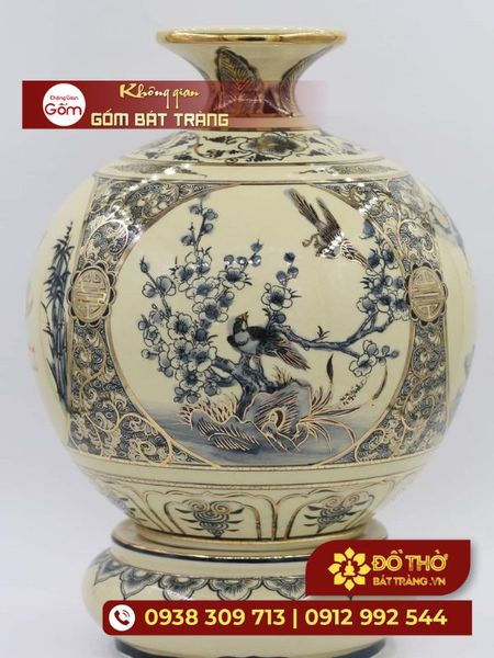 Bình gốm men Chu Đậu vẽ vàng – Quà tặng cao cấp dịp Tết