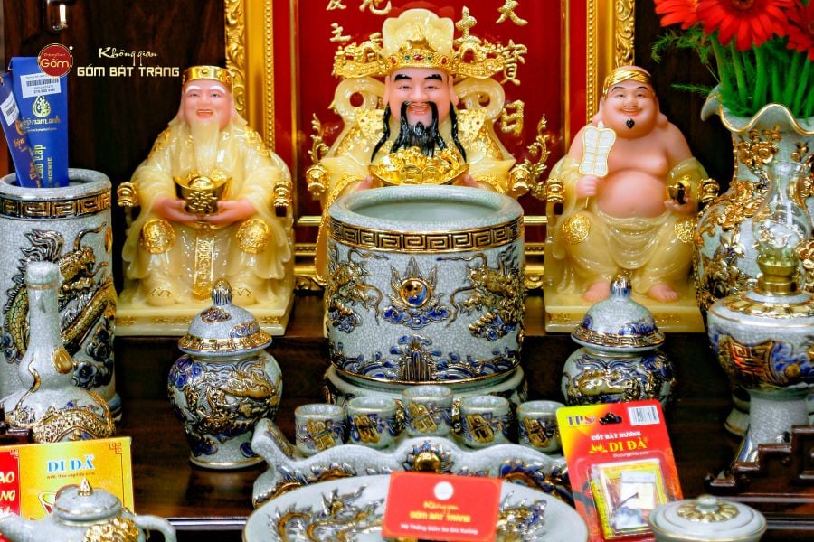 Bộ Đồ Thờ Thần Tài Thổ Địa Men Rạn Vẽ Vàng