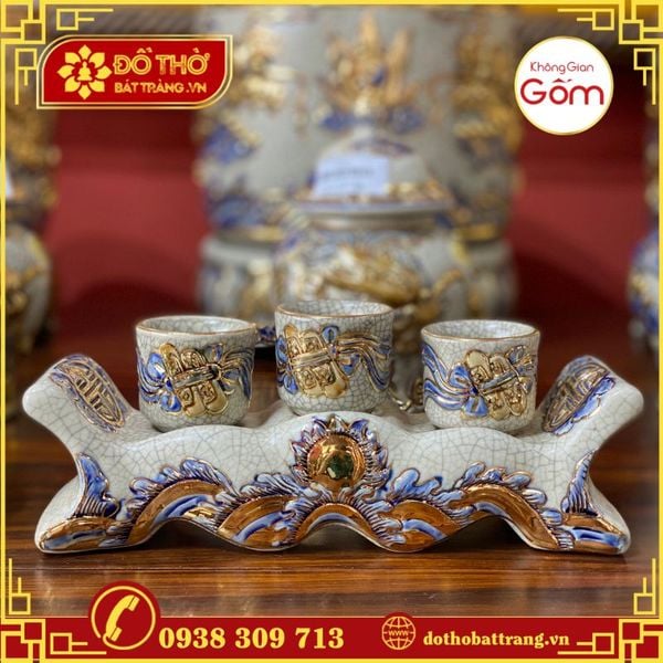 Bộ đồ thờ gốm sứ Bát Tràng men rạn vẽ vàng