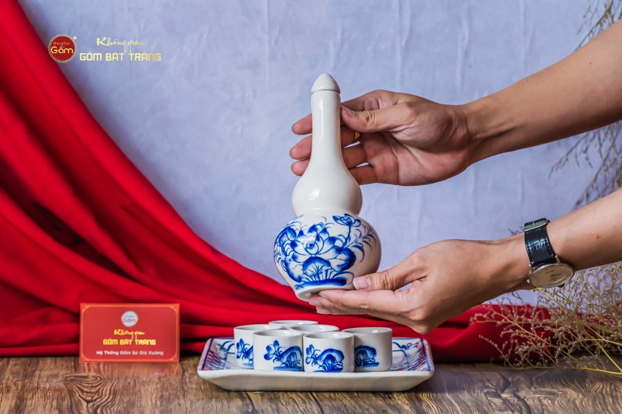 Bộ Nậm Rượu Hai Bầu Hoa Sen Xanh