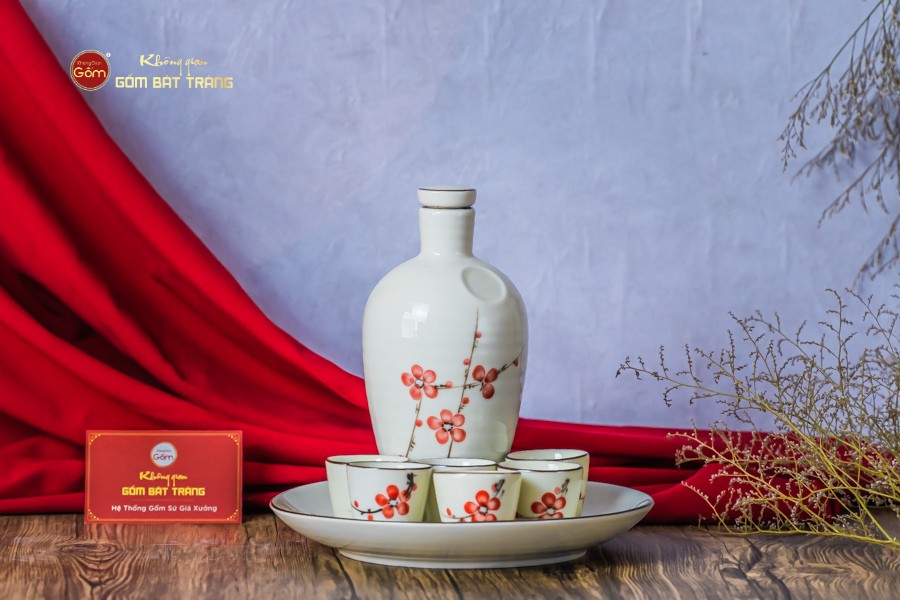 Bộ Nậm Rượu Hoa Đào Đỏ