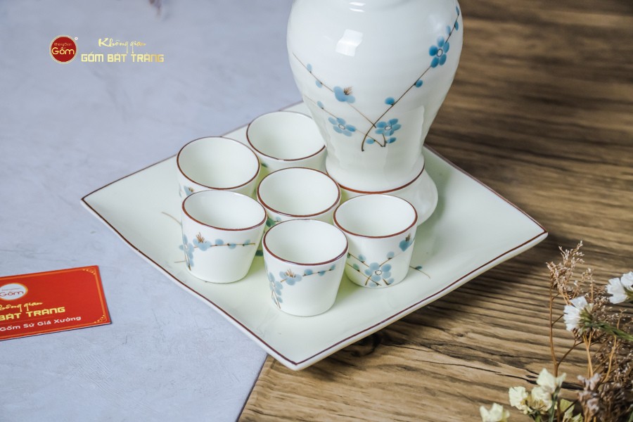 Bộ Nậm Rượu Hoa Đào Xanh