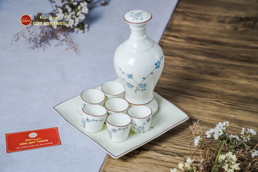 Bộ Nậm Rượu Hoa Đào Xanh