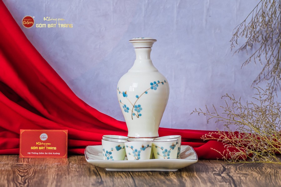 Bộ Nậm Rượu Hoa Đào Xanh