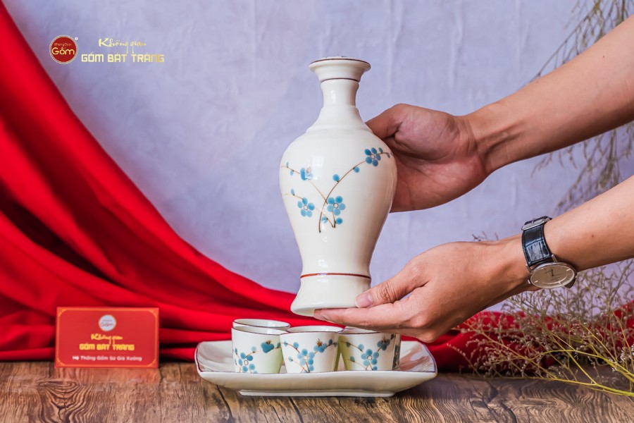 Bộ Nậm Rượu Hoa Đào Xanh