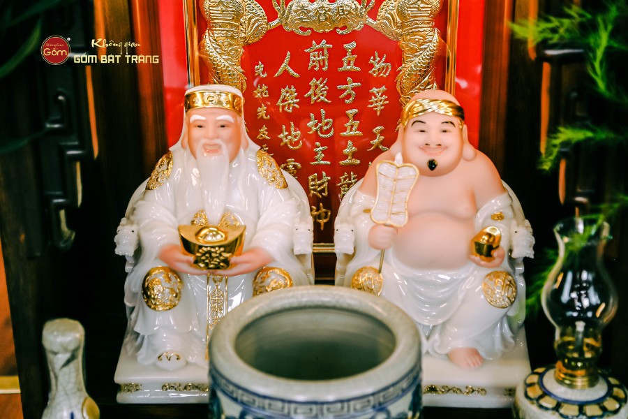 Bộ Tượng Thần Tài Thổ Địa Ghế Rồng Màu Phỉ Thúy